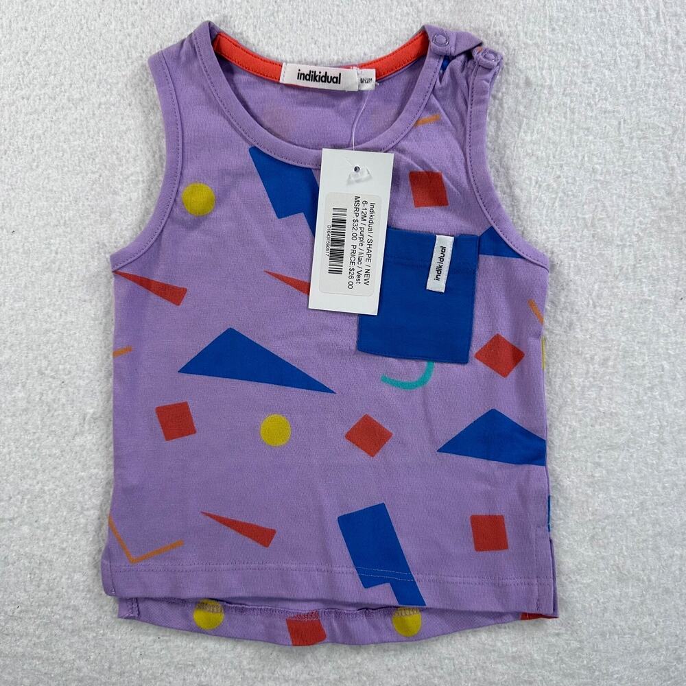 Indikidual Kids Pocket Tank Top 6/12 Month Lilac Purple Geometric Print